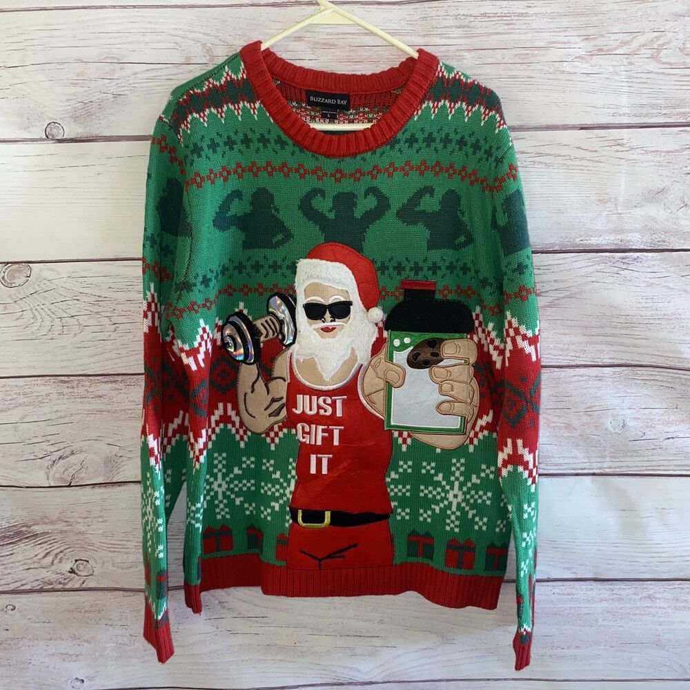 Blizzard Bay Just Gift It Mens L Santa Ugly Christmas Sweater Gym Bro